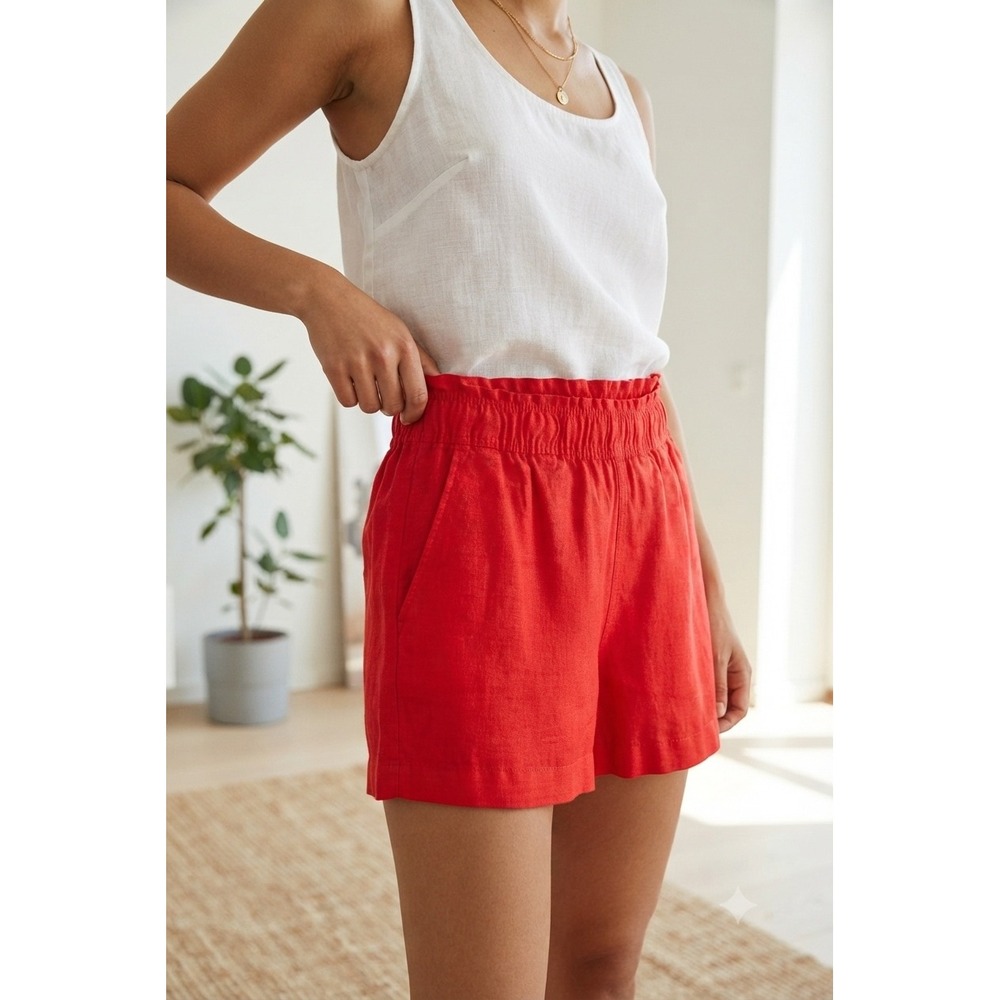 HM Red 100% Linen Paperbag Waist Shorts High Rise Elastic Pockets Summer Small